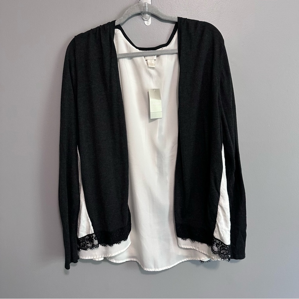 Chico’s Size 3 (XL) Madison Cardigan Black White Layered Lace Trim NWT